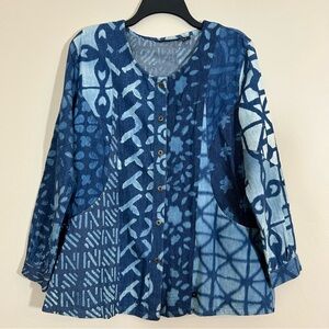 Sacred Threads Art to Wear Patchwork Dyed Chambray Denim Shacket Top Jacket S